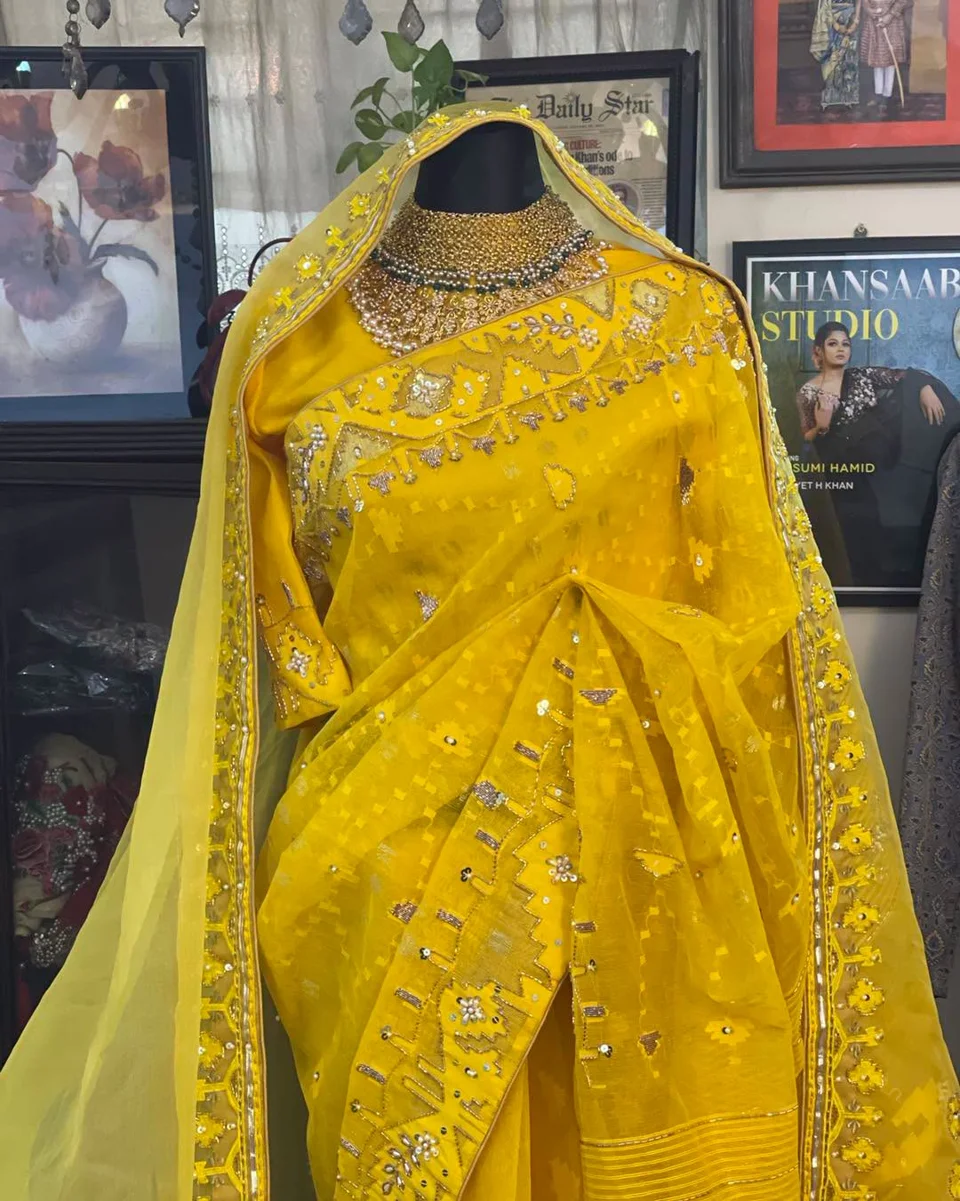 Yellow Embellished Jamdani
