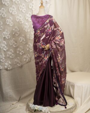 Floral Printed Organza & Chinon Silk Saree
