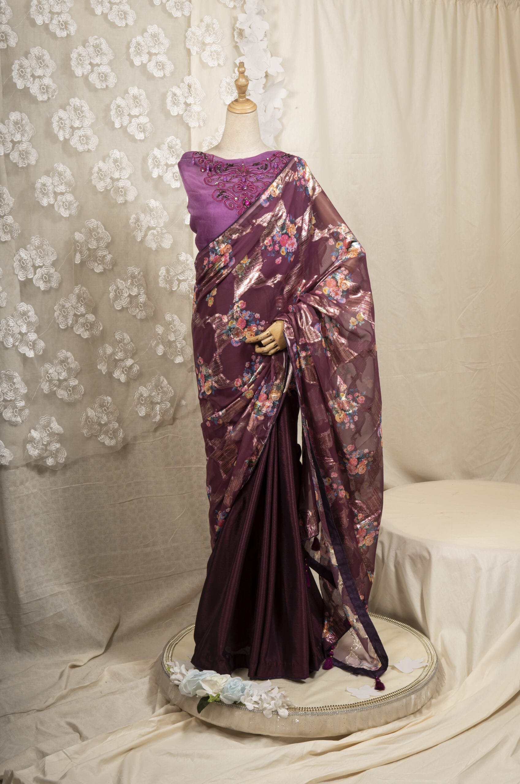 Floral Printed Organza & Chinon Silk Saree