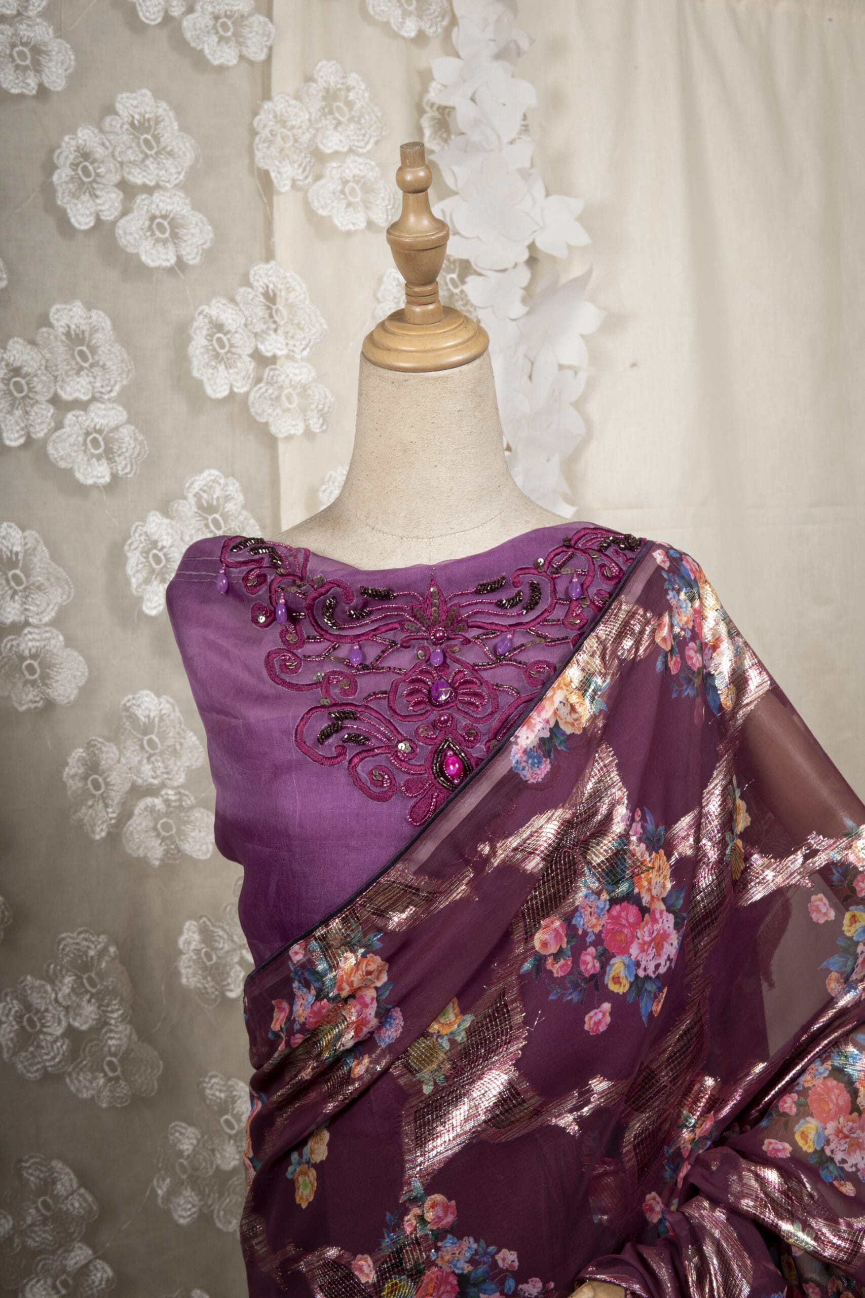 Floral Printed Organza & Chinon Silk Saree - Image 2