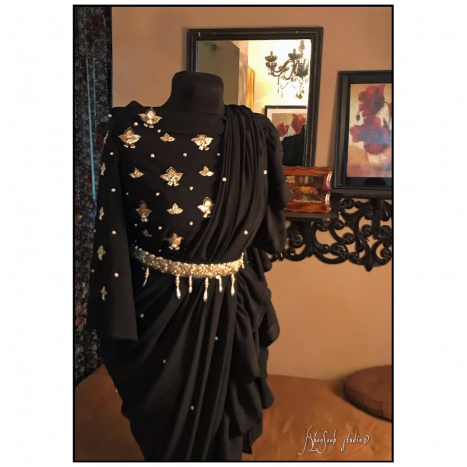 Georgette Saree with Ruffle Frills and Pitta Nakshi Blouse