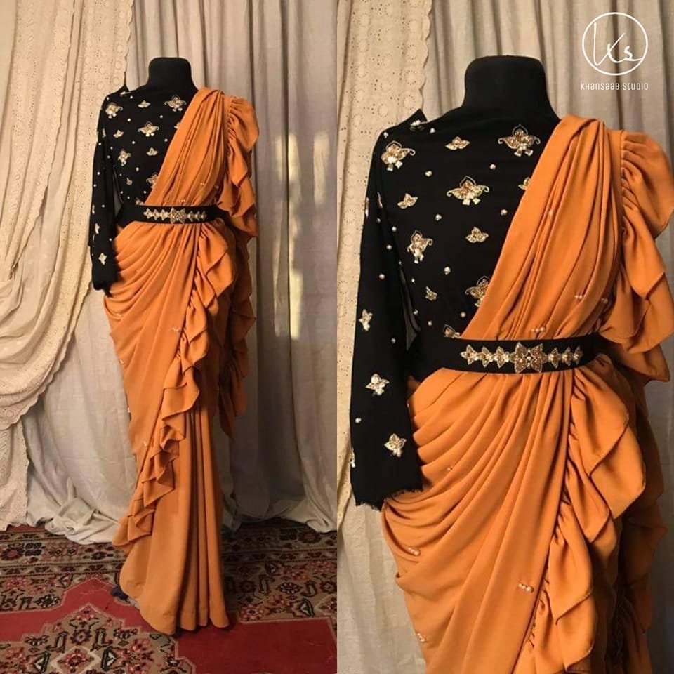 Georgette Saree with Ruffle Frills and Pitta Nakshi Blouse