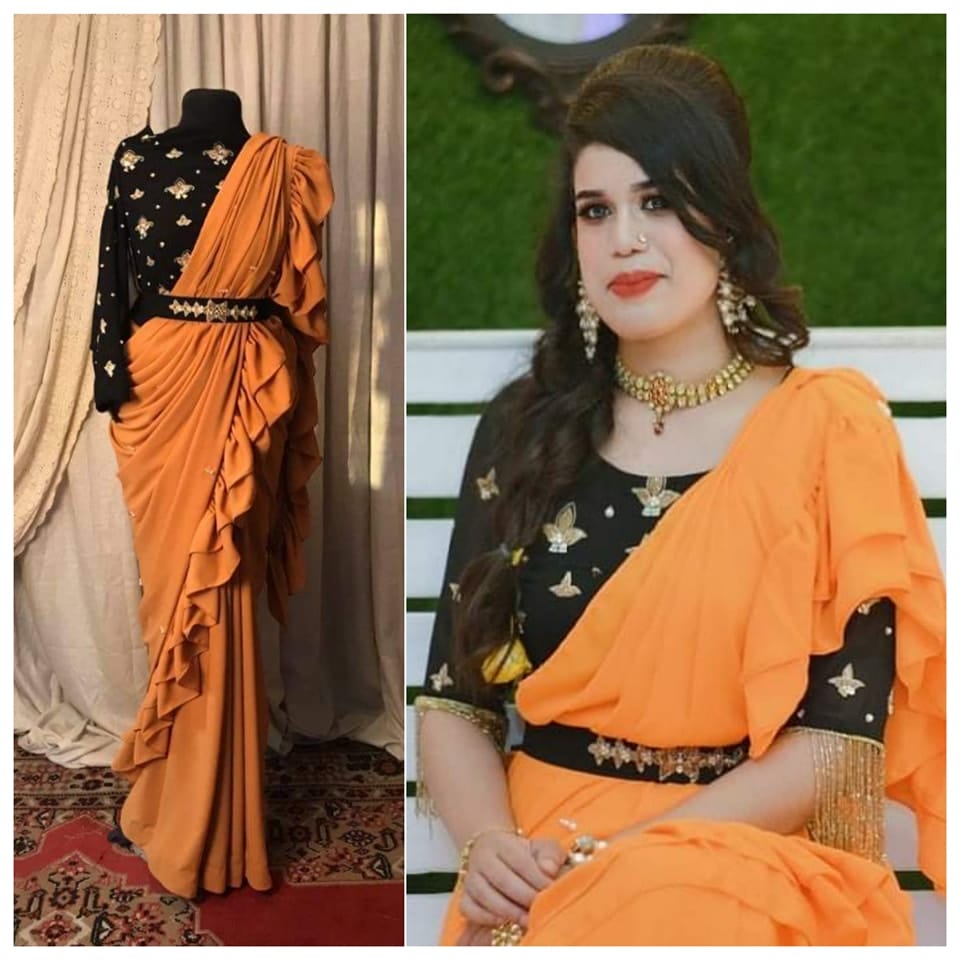 Georgette Saree with Ruffle Frills and Pitta Nakshi Blouse - Image 2