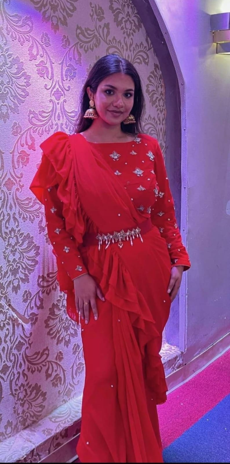 Georgette Saree with Ruffle Frills and Pitta Nakshi Blouse - Image 2
