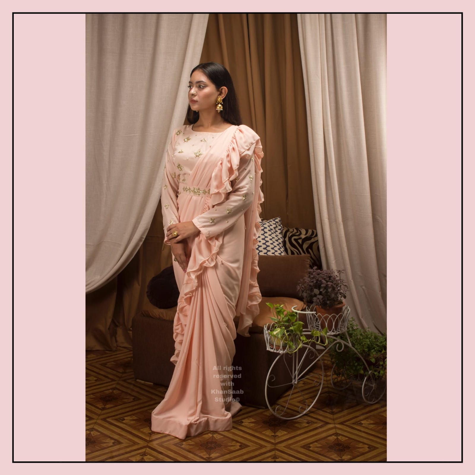 Georgette Saree with Ruffle Frills and Pitta Nakshi Blouse