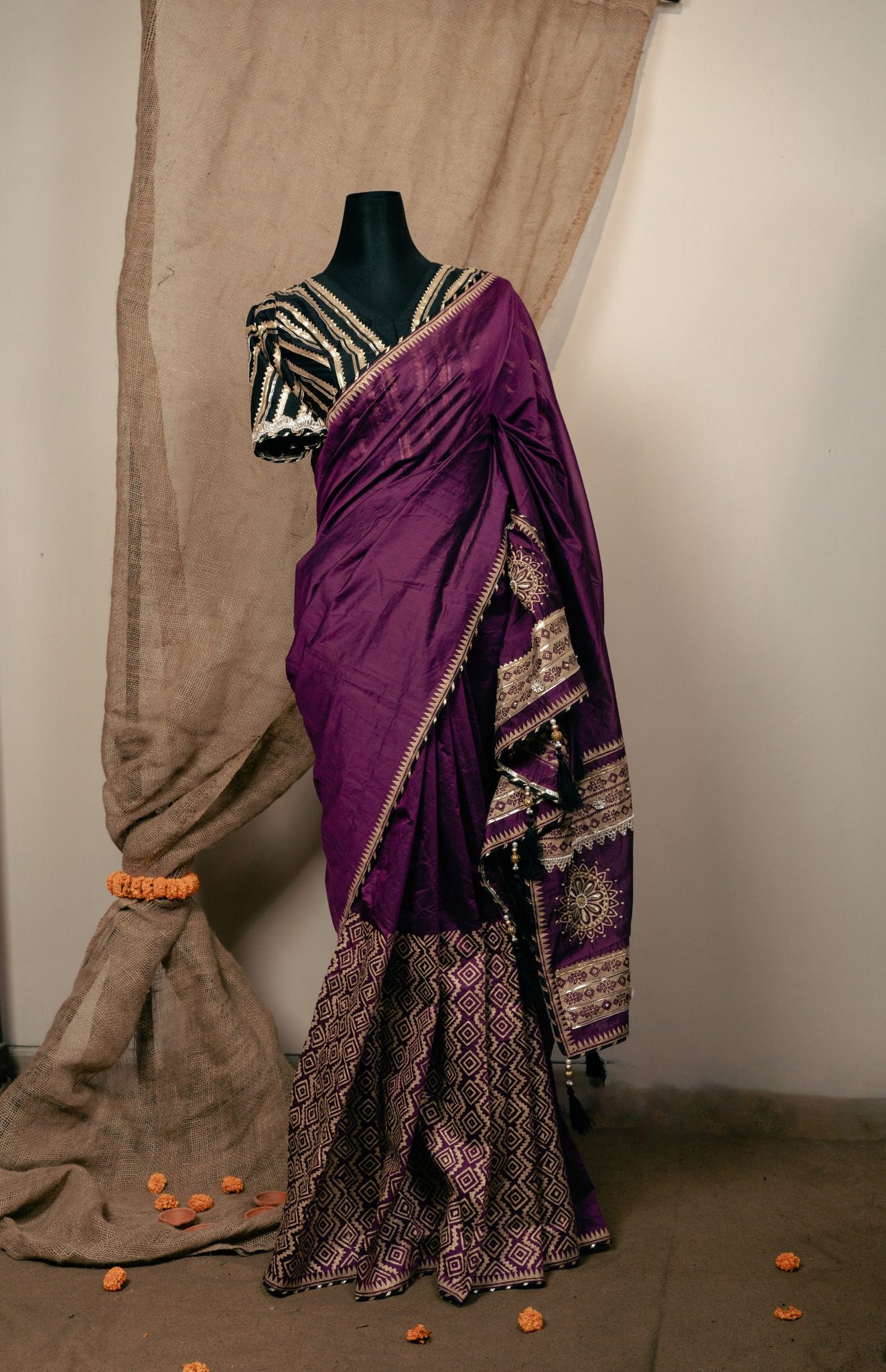Chunri Kota Block Print Saree with Embroidery and Beads