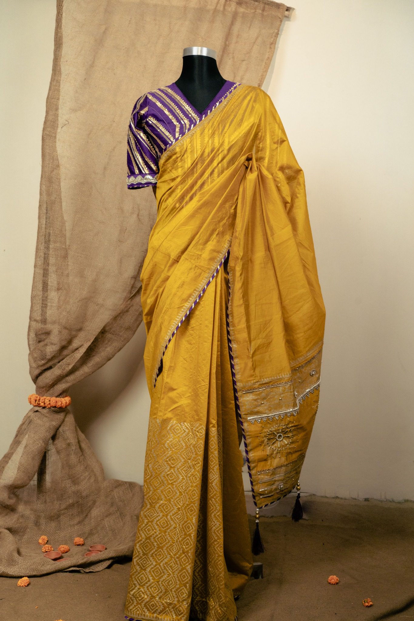 Chunri Kota Block Print Saree with Embroidery and Beads