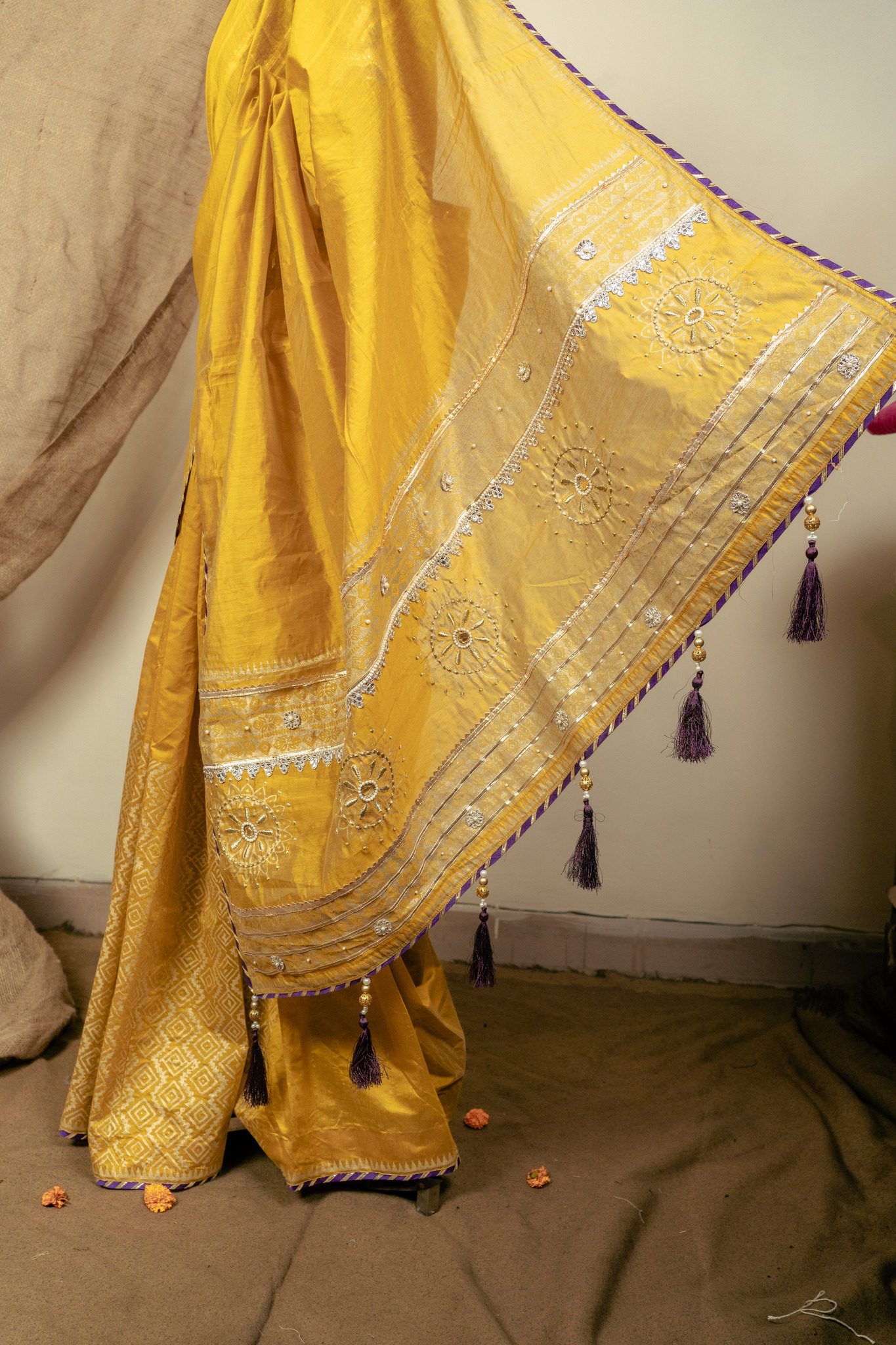 Chunri Kota Block Print Saree with Embroidery and Beads - Image 3