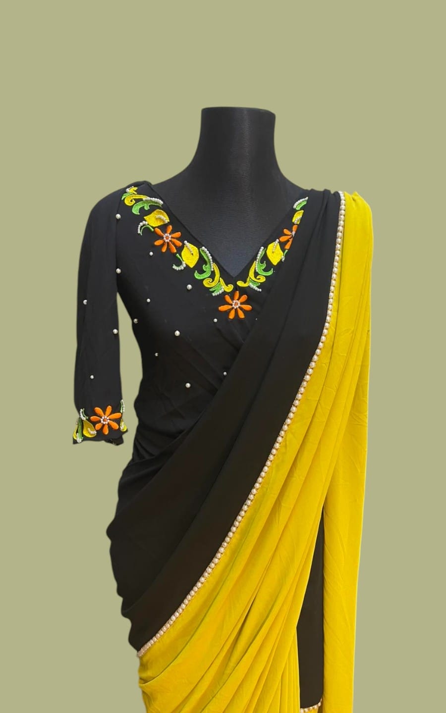 Black & Mustard Medium Crepe Georgette Saree with Pearl Lace and Embroidery - Image 2