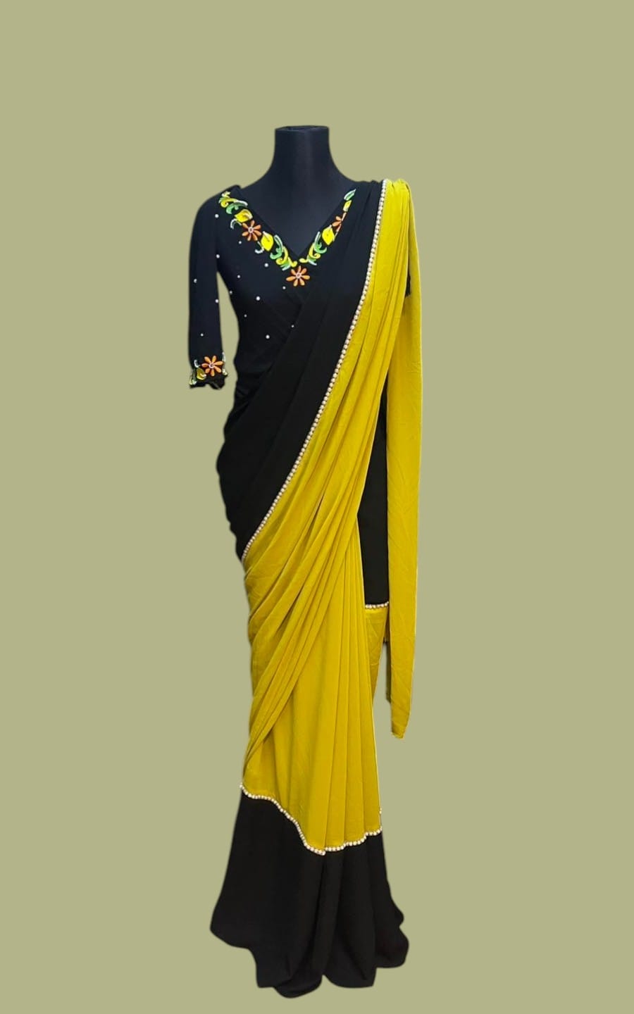 Black & Mustard Medium Crepe Georgette Saree with Pearl Lace and Embroidery