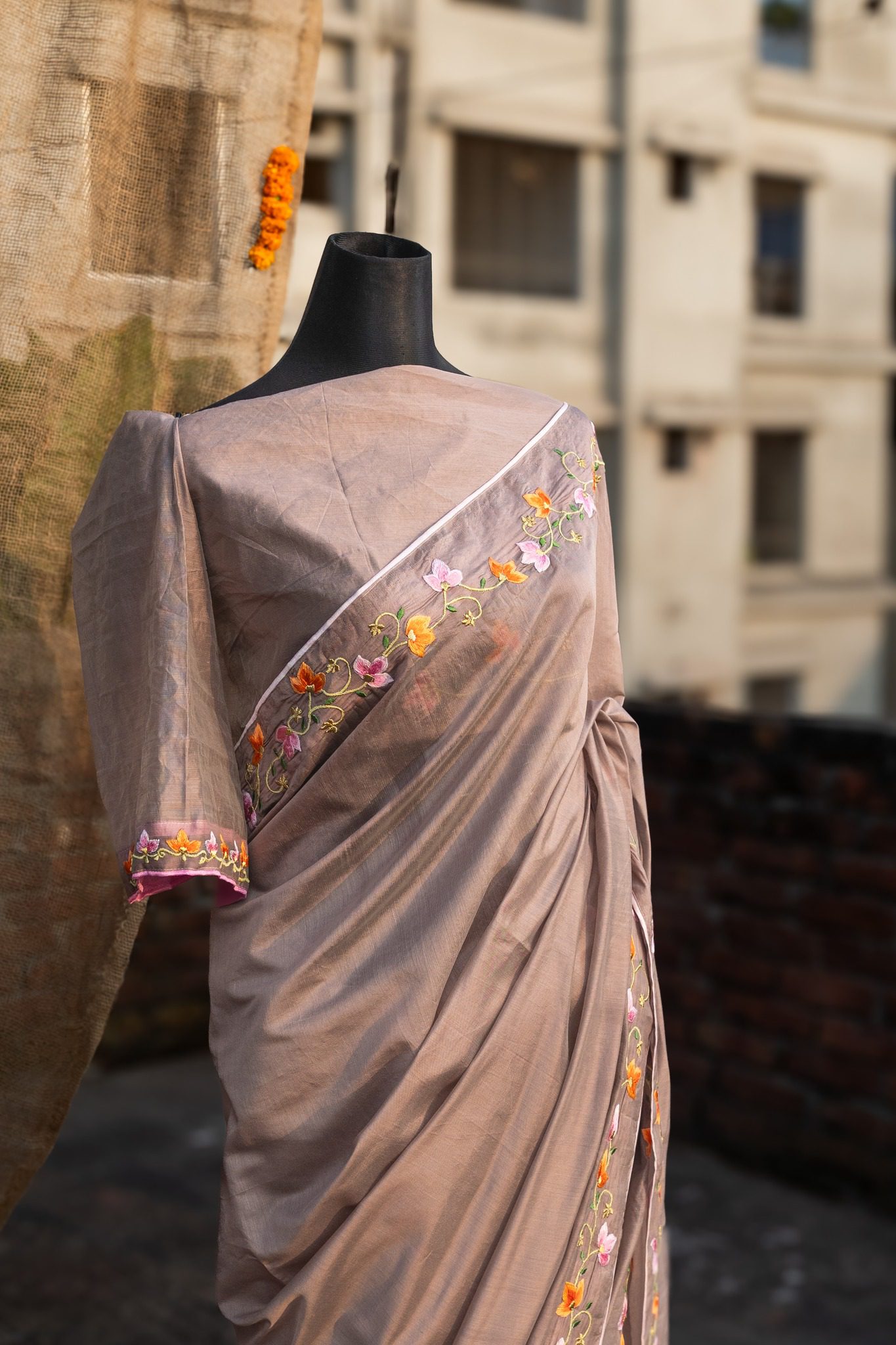 Chunri Kota Embroidered Saree with Slim Sleeve Work - Image 2