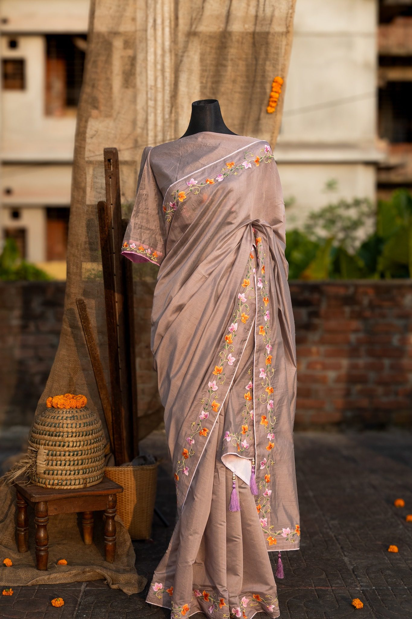 Chunri Kota Embroidered Saree with Slim Sleeve Work