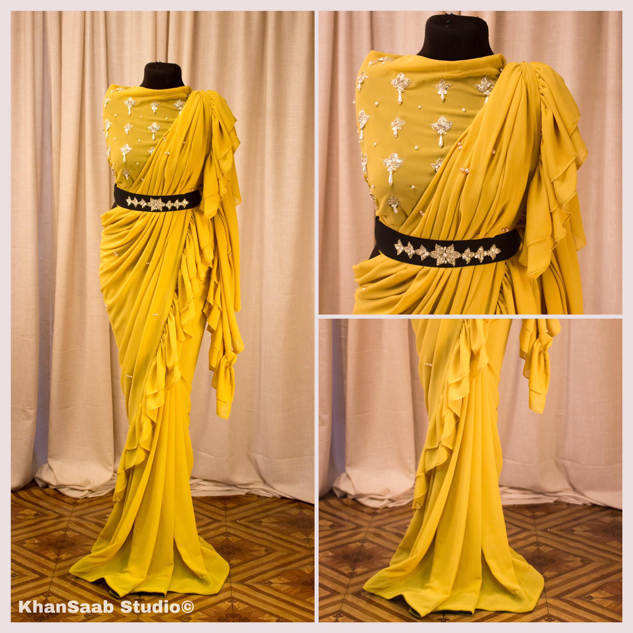 Georgette Saree with Ruffle Frills and Pitta Nakshi Blouse