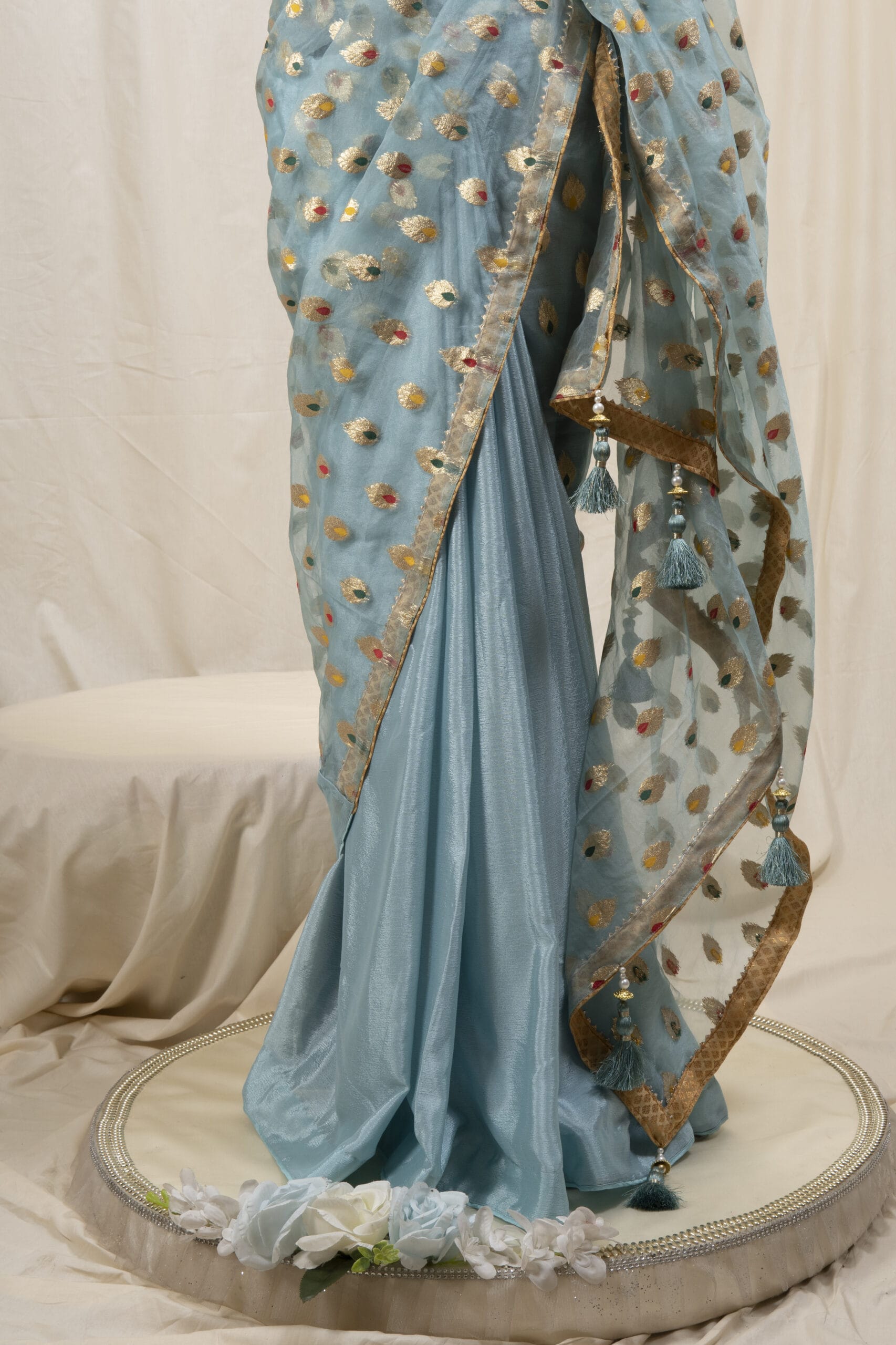 Meena Work Tissue & Chinon Silk Saree - Image 3
