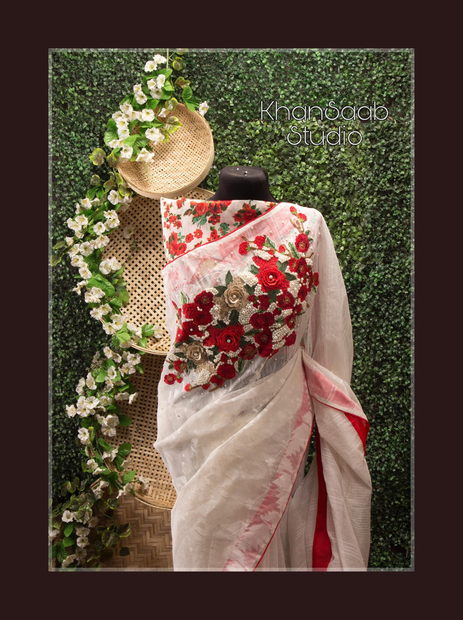 Dhakai Jamdani Carnation Saree - Image 2