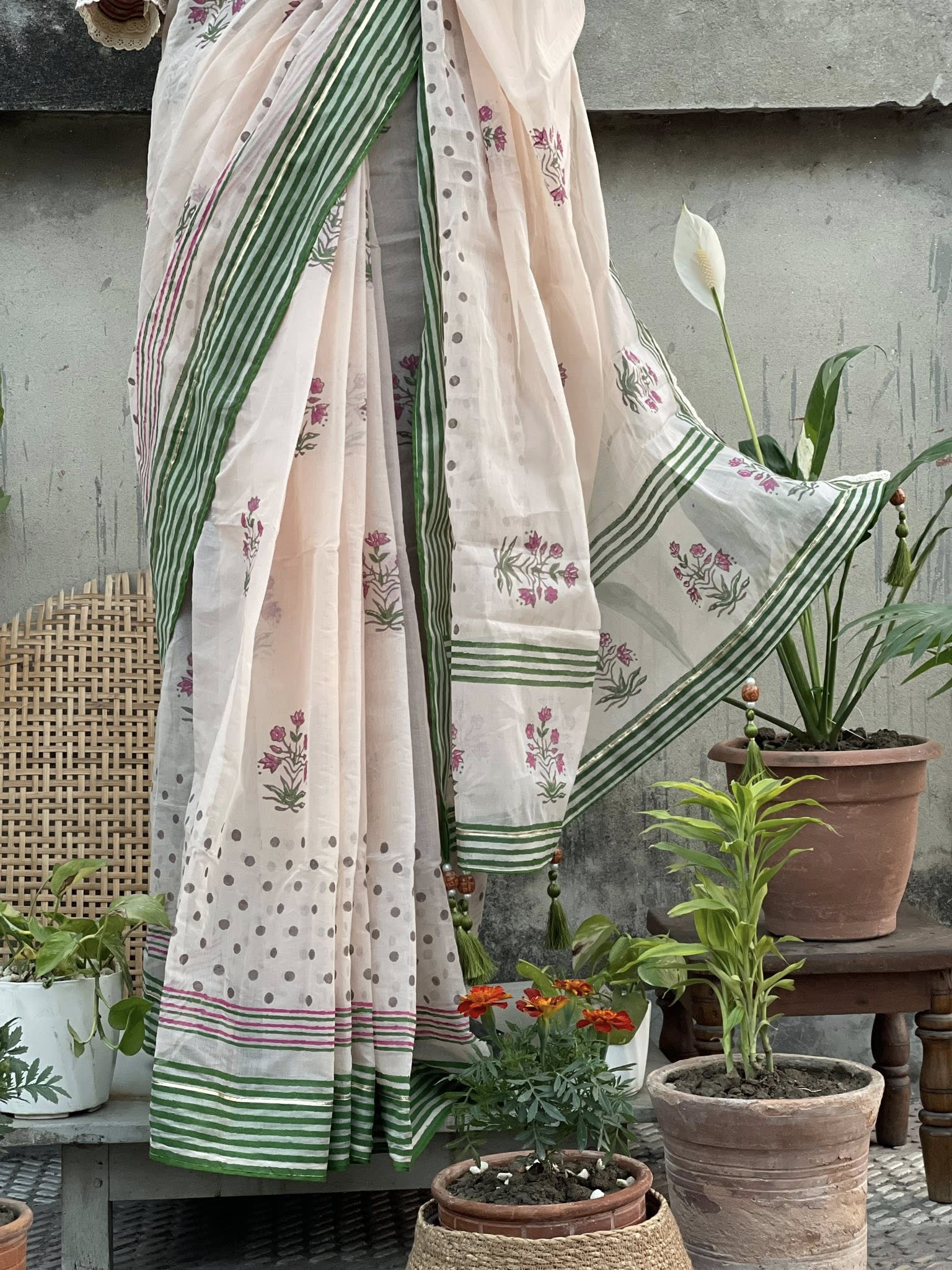 Vintage Block-Printed Tangail Half-Silk Saree - Image 3