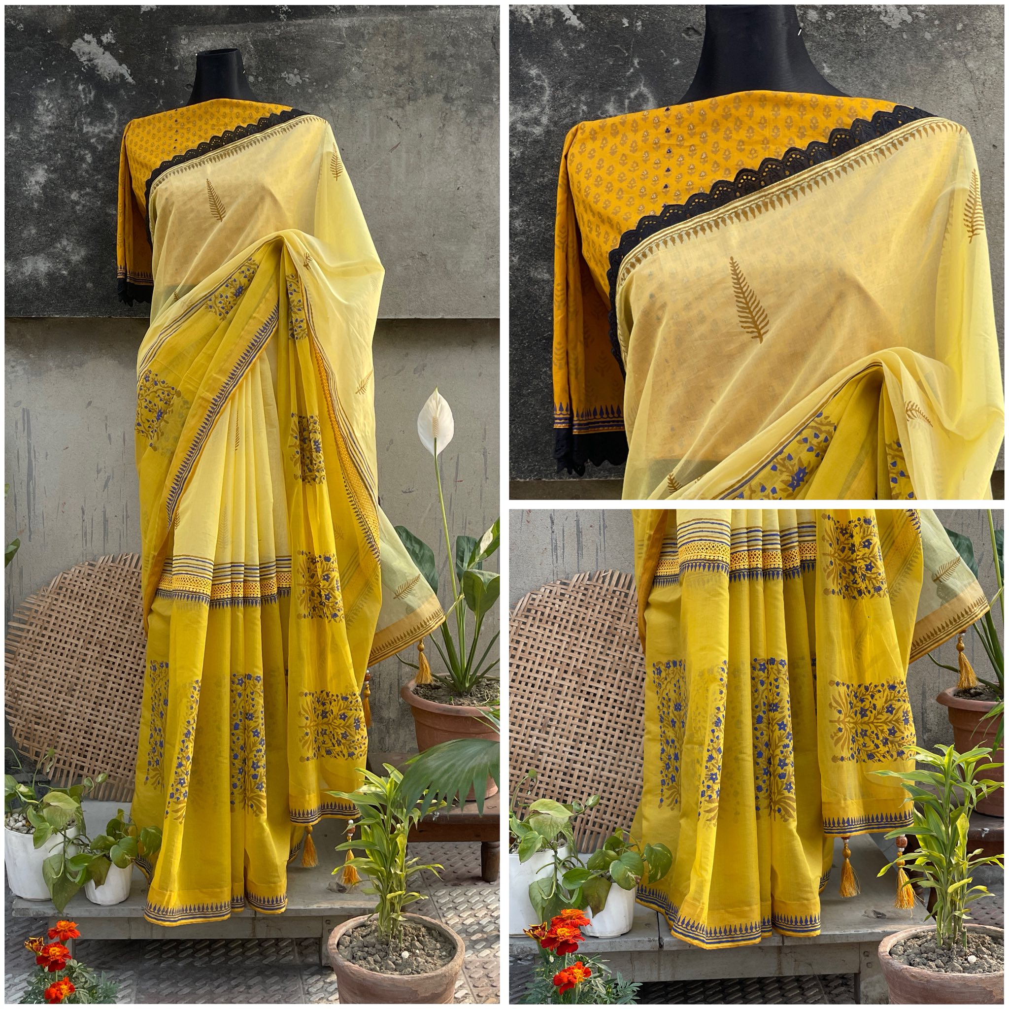Dual-Shade Mustard Tailored Tangail Half-Silk Saree