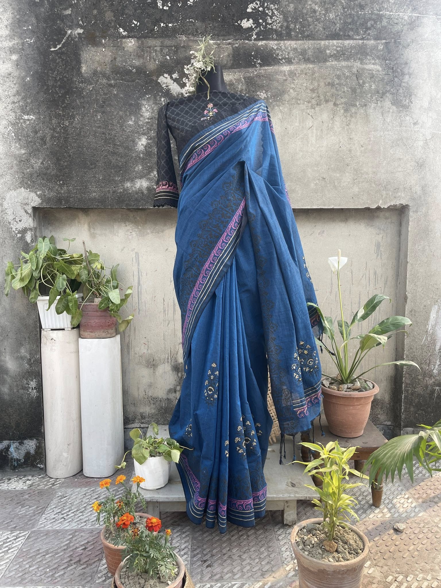handloom block print cotton saree