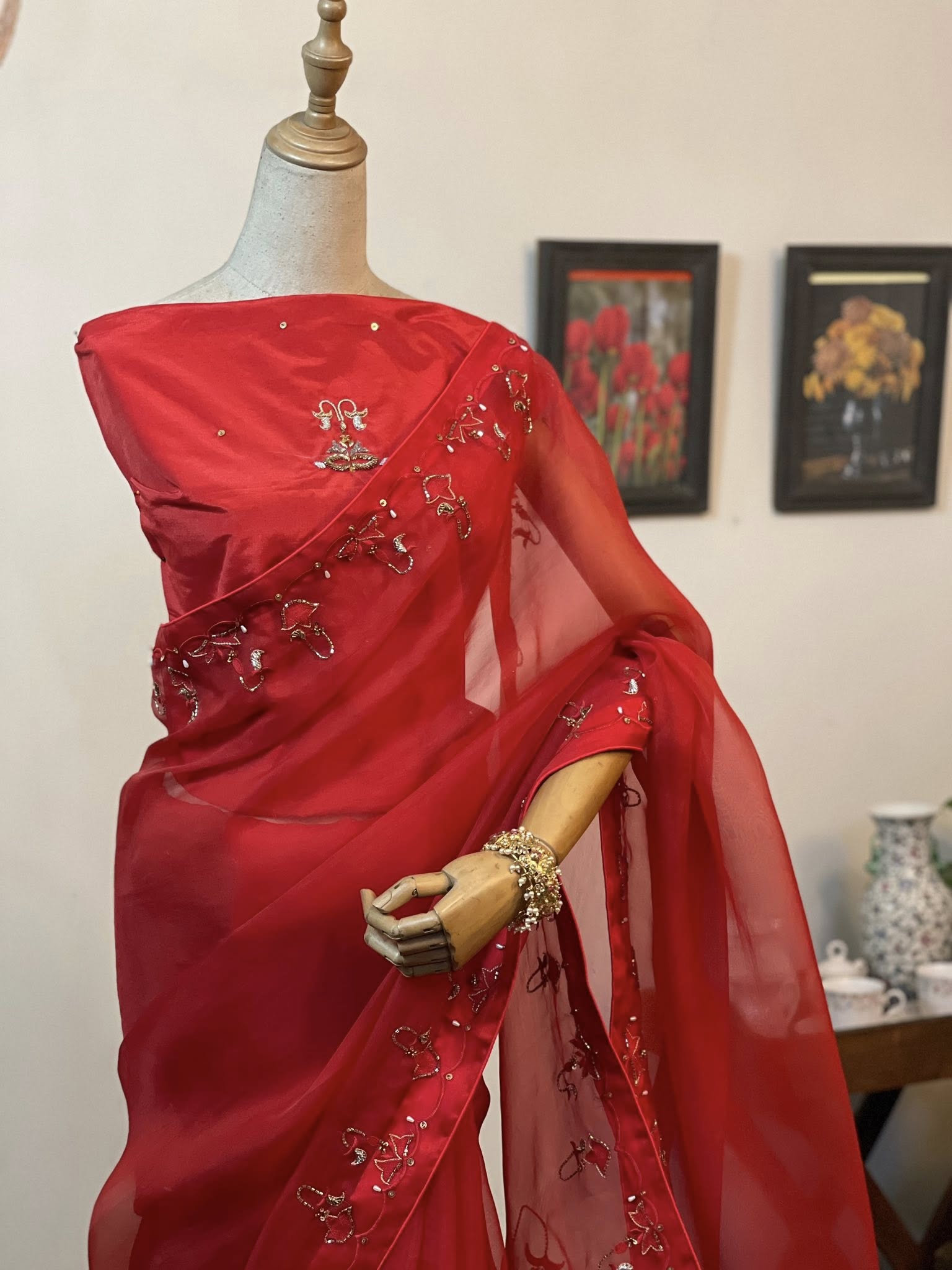 Zardosi work muslin saree