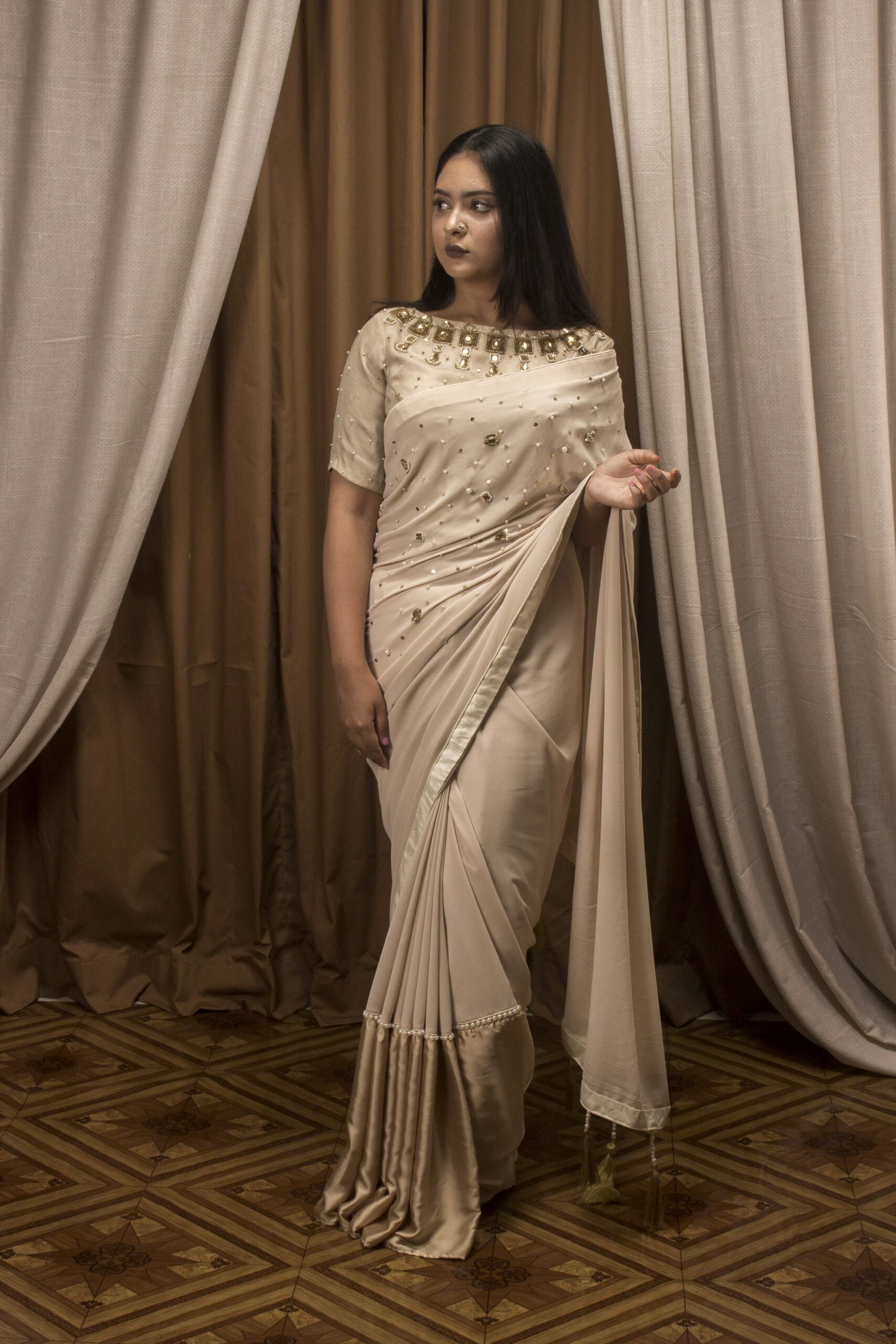Georgette & Samusilk Half-and-Half Saree