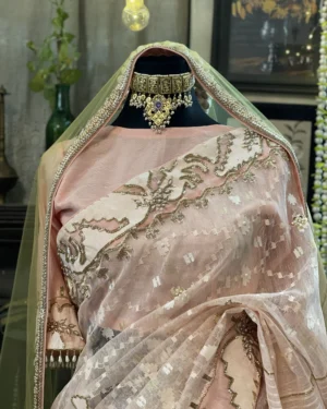 Peach Embellished Jamdani Bridal Saree
