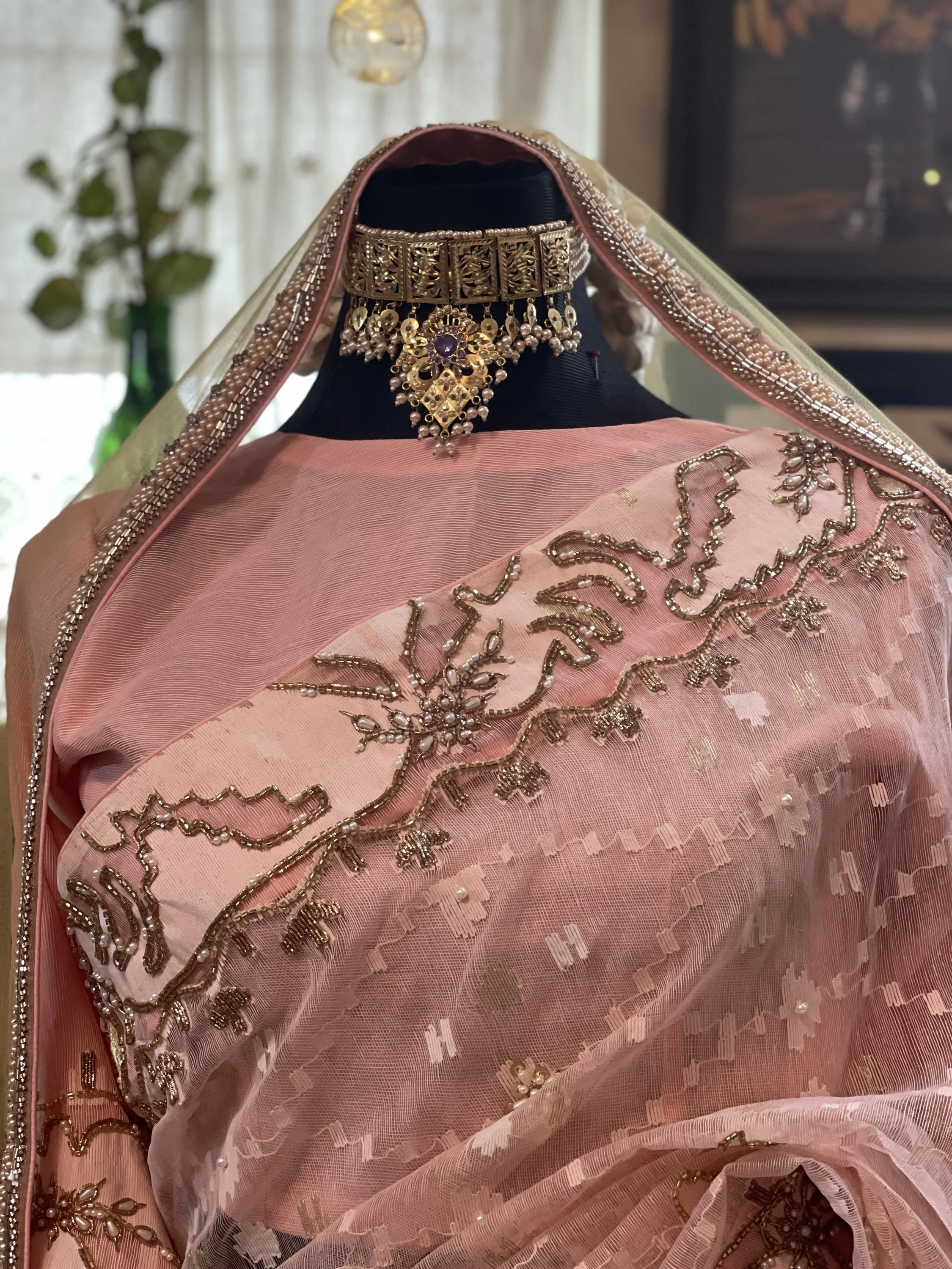 Peach Embellished Jamdani Bridal Saree - Image 3