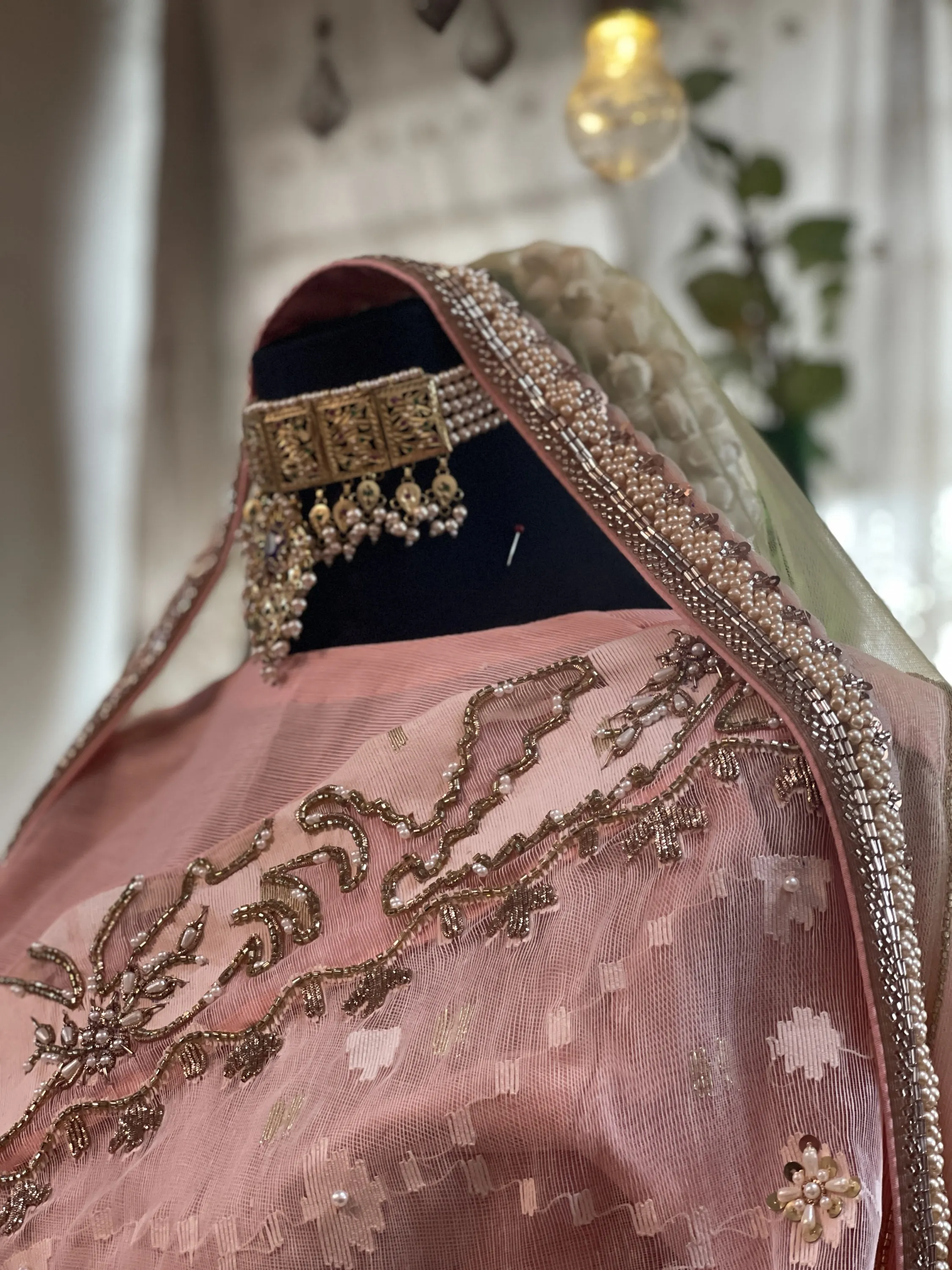 Peach Embellished Jamdani Bridal Saree - Image 2