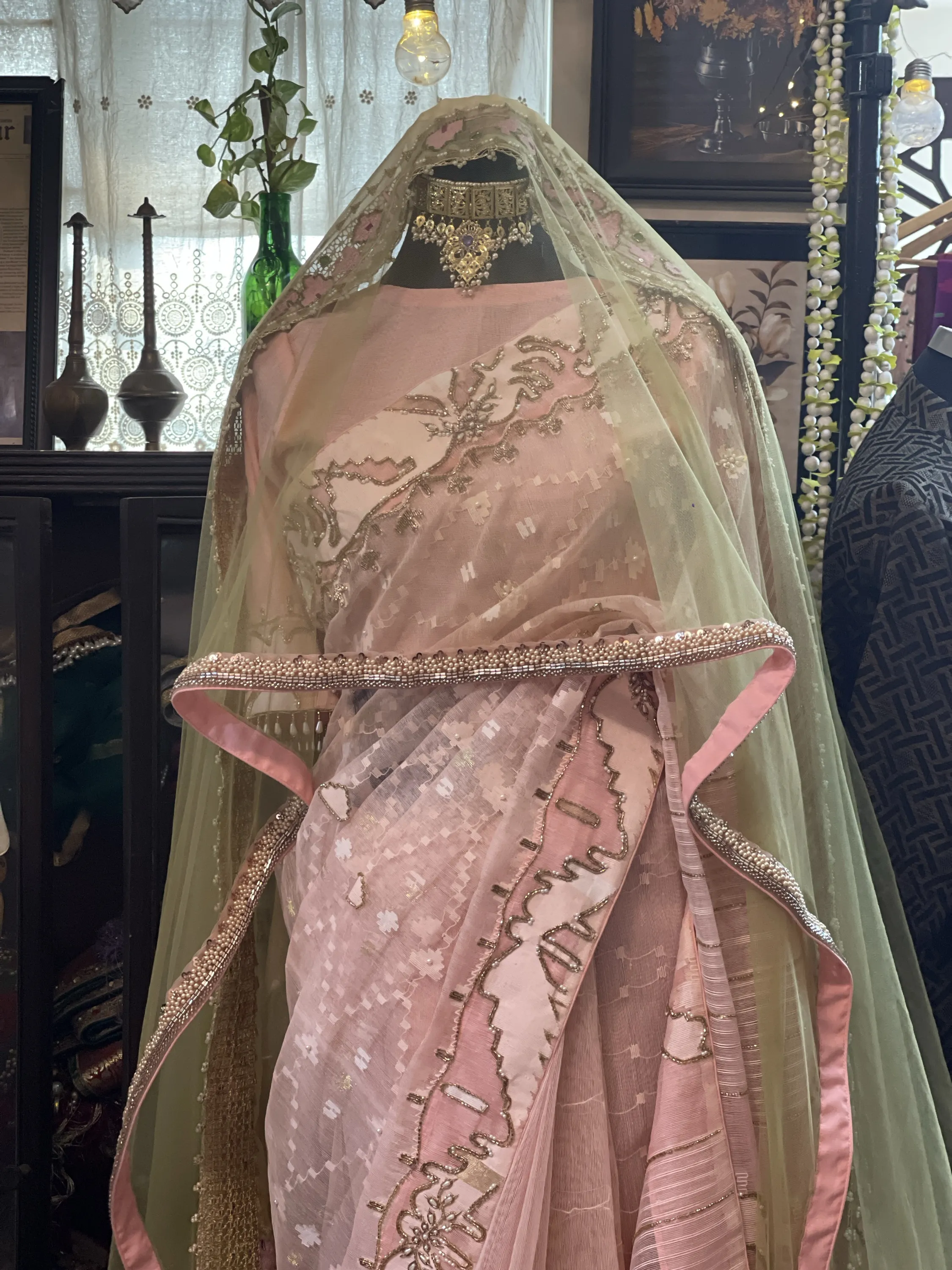 Peach Embellished Jamdani Bridal Saree - Image 4