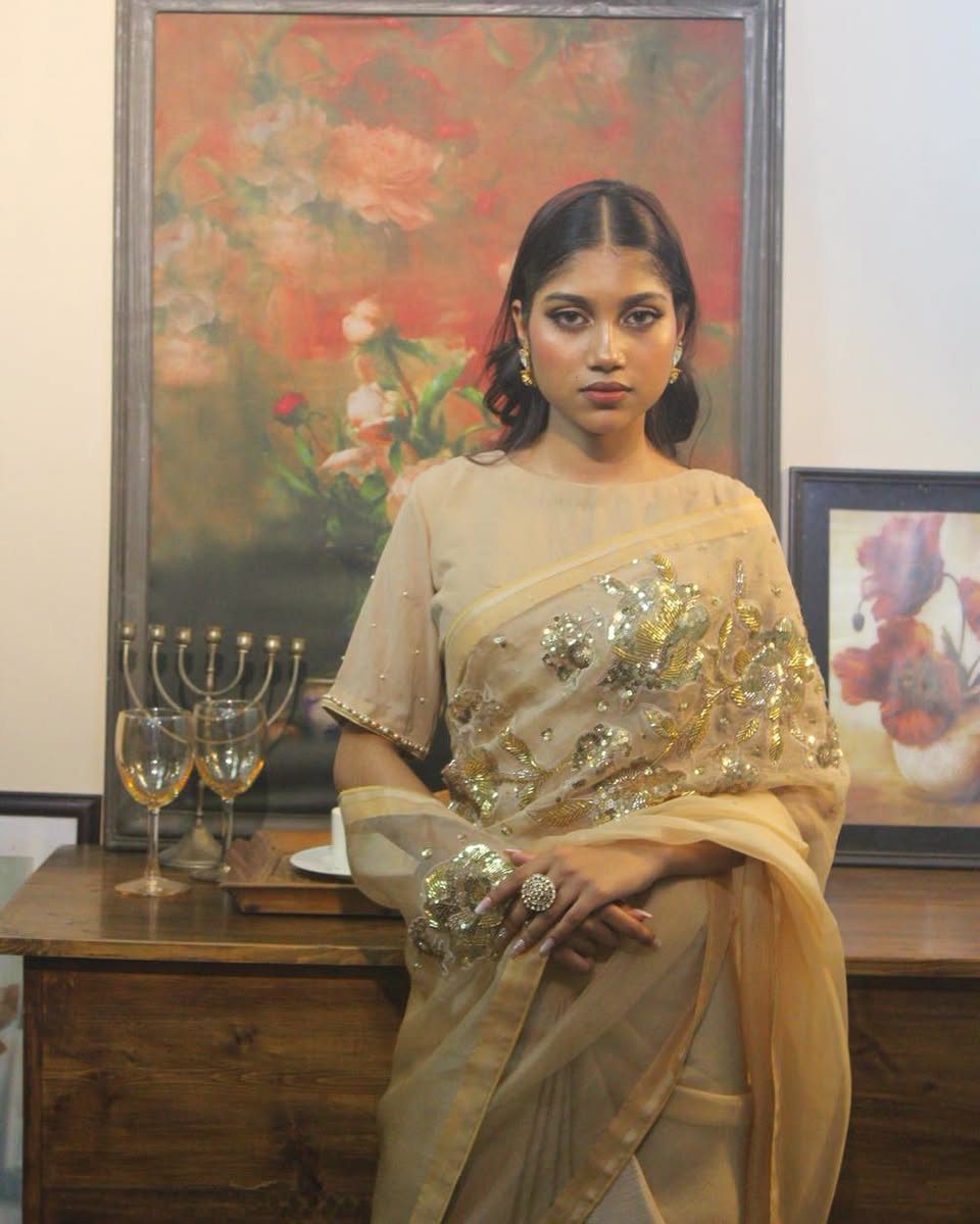 Olive Muslin & Chinon Silk Saree