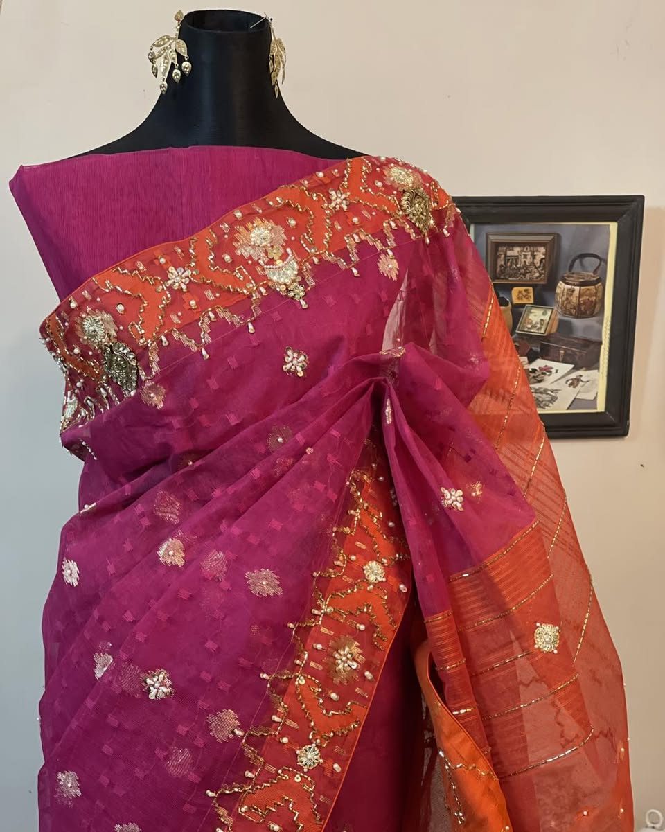 Magenta & Orange Handworked Jamdani