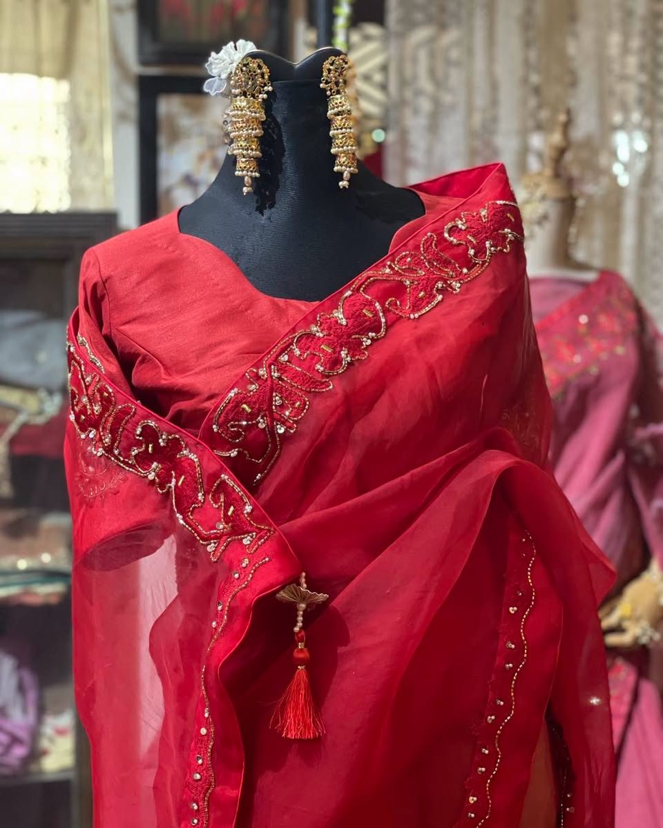 Red Muslin Cutwork Saree · Puja Edit