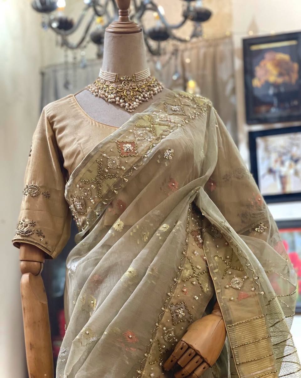 Beige Golden Jamdani Bridal Saree