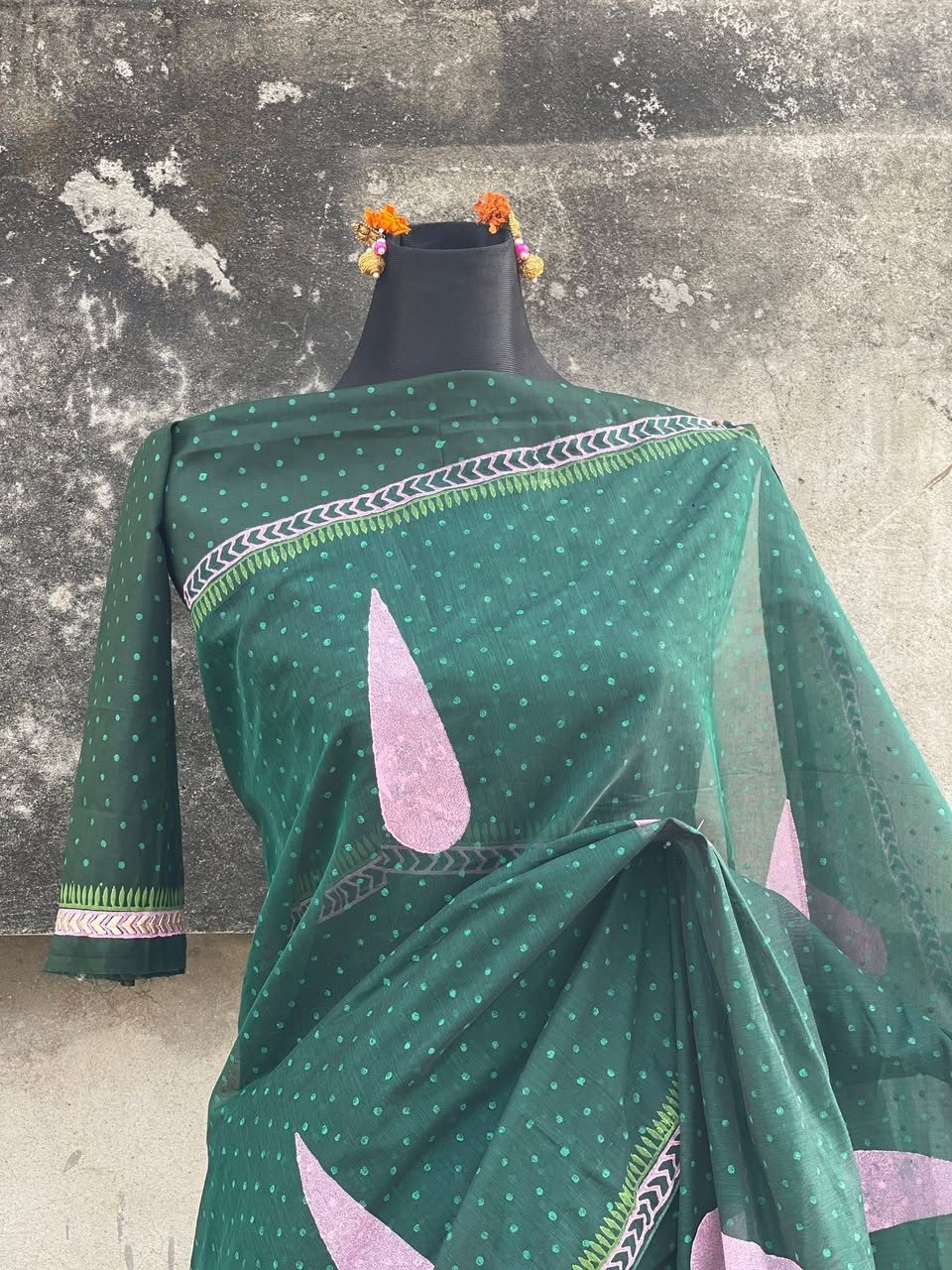 Bindu · Bottle Green & Pink Cotton Halfsilk Saree
