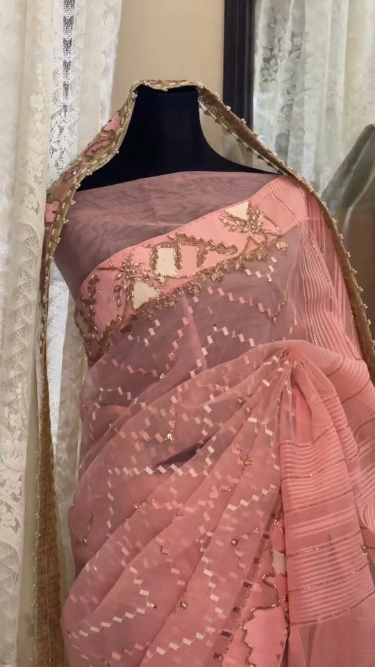 Peach Pink Zigzag Jamdani Saree