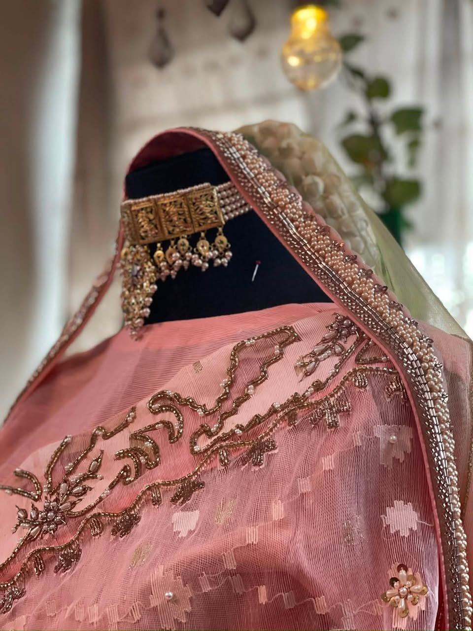 Peach Pink Floral Border Jamdani