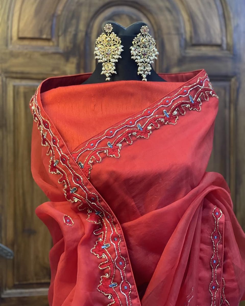Red Muslin Chikon Paar Saree
