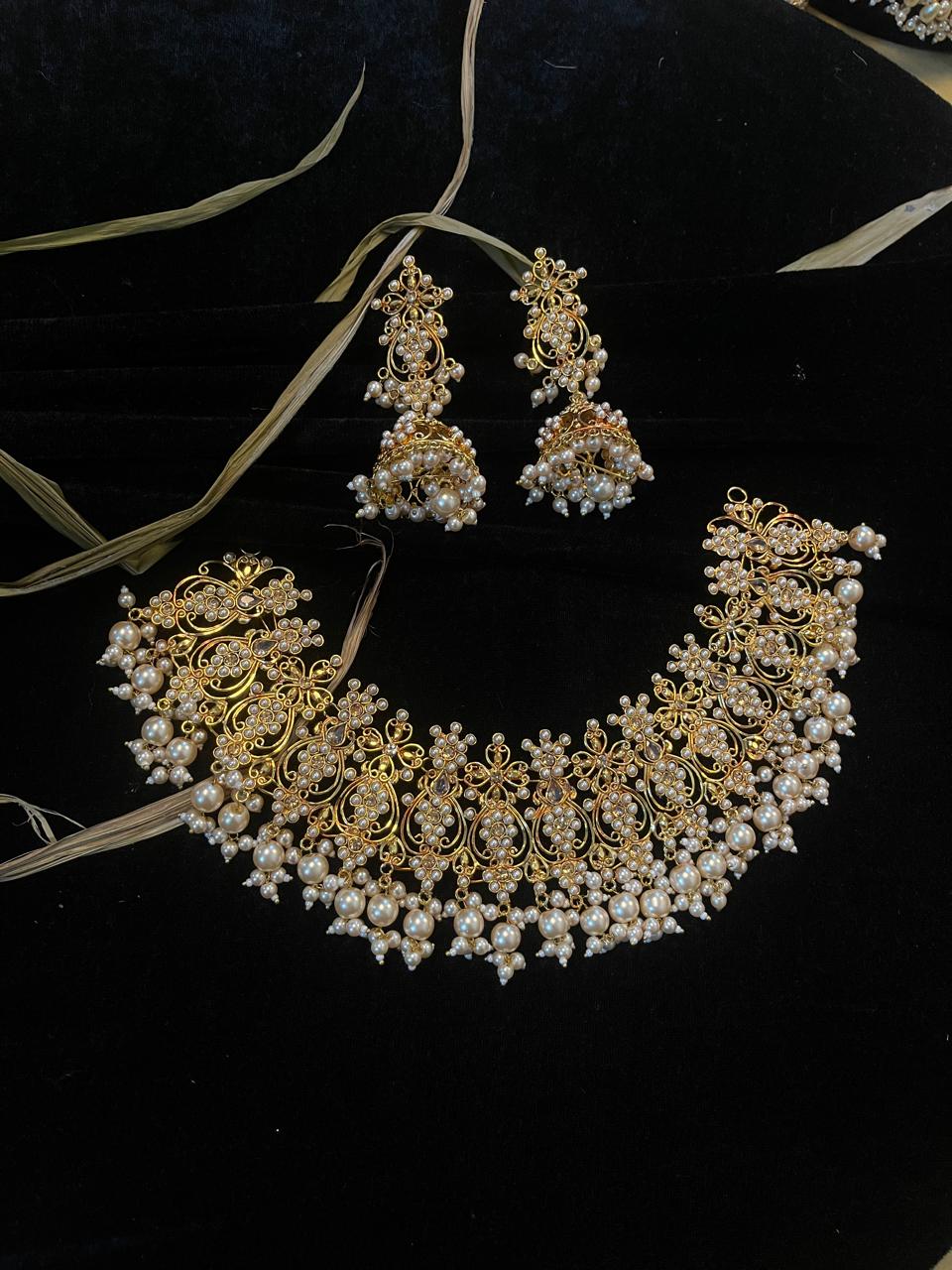 Apsara Floral Pearl Jhumka Earrings — gold-tone jewellery with pearl-look bead details