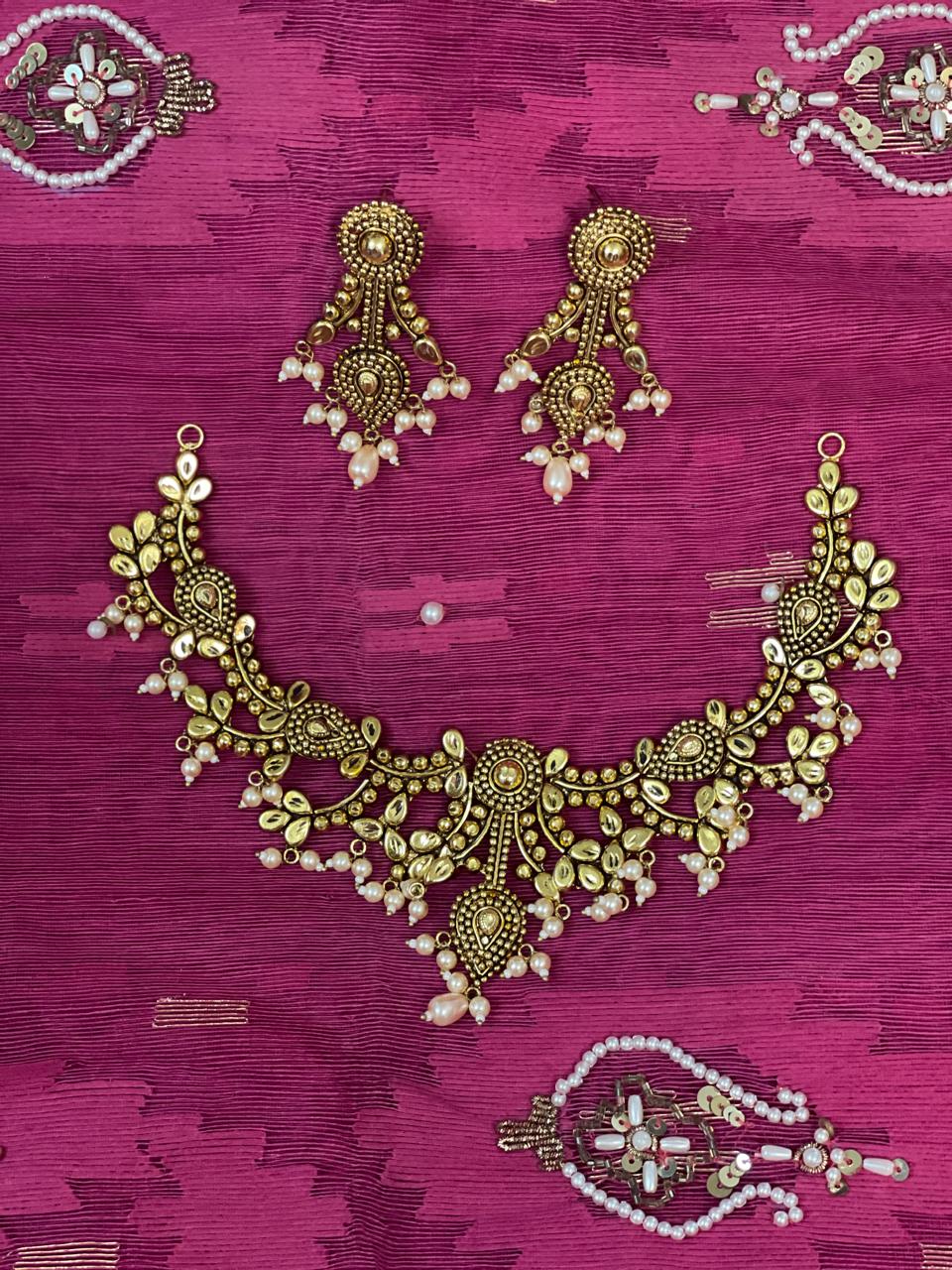 Rohini Paisley Necklace & Pasha Set — gold-tone jewellery with pearl-look bead details