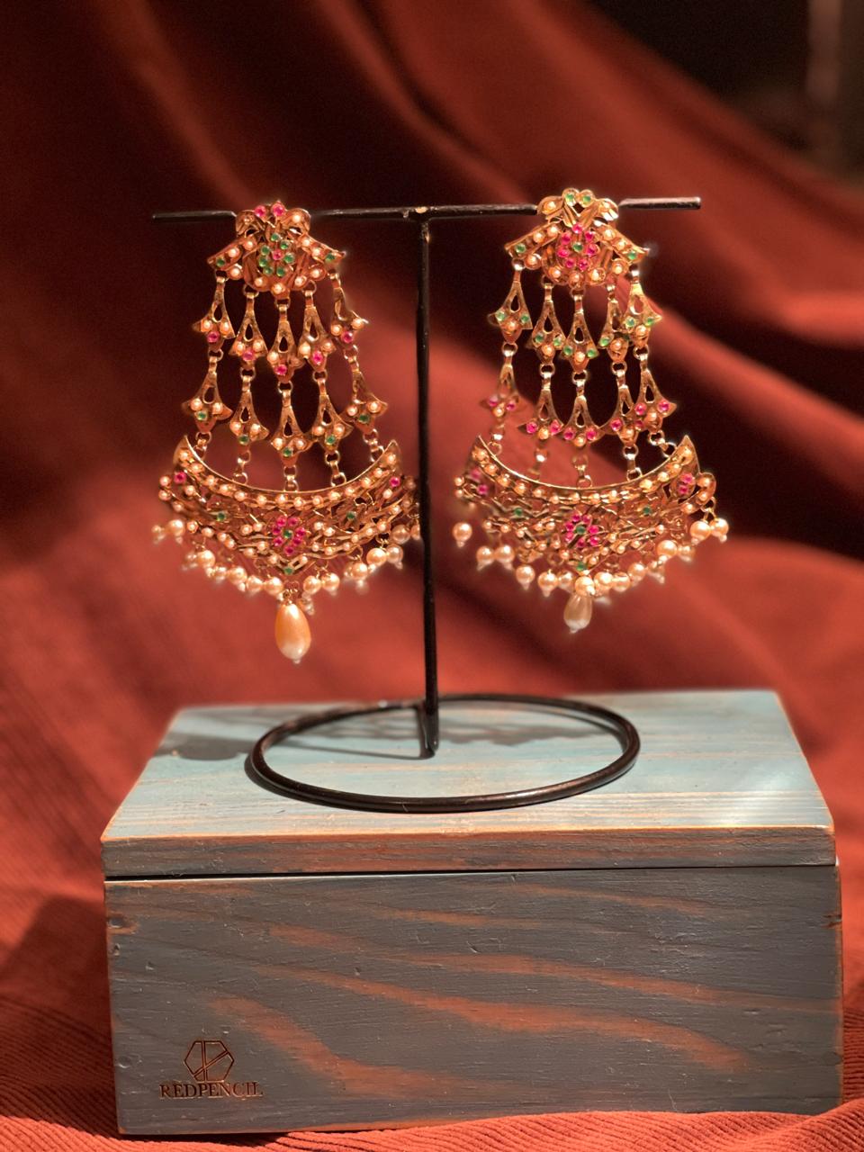 Mehrunissa Chandelier Chandbali Earrings — gold-tone jewellery with pearl-look bead details