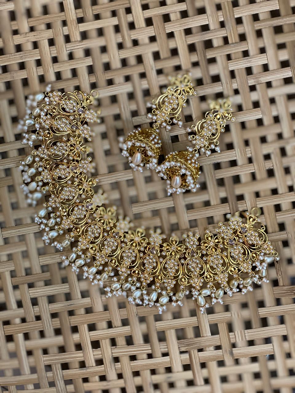 Apsara Floral Choker & Jhumka Set — gold-tone jewellery with pearl-look bead details