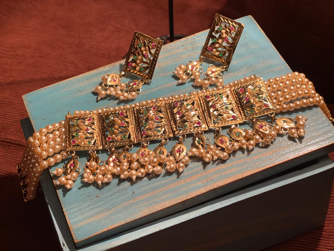 Gulnar Rectangular Pearl Drop Earrings — gold-tone jewellery with pearl-look bead details