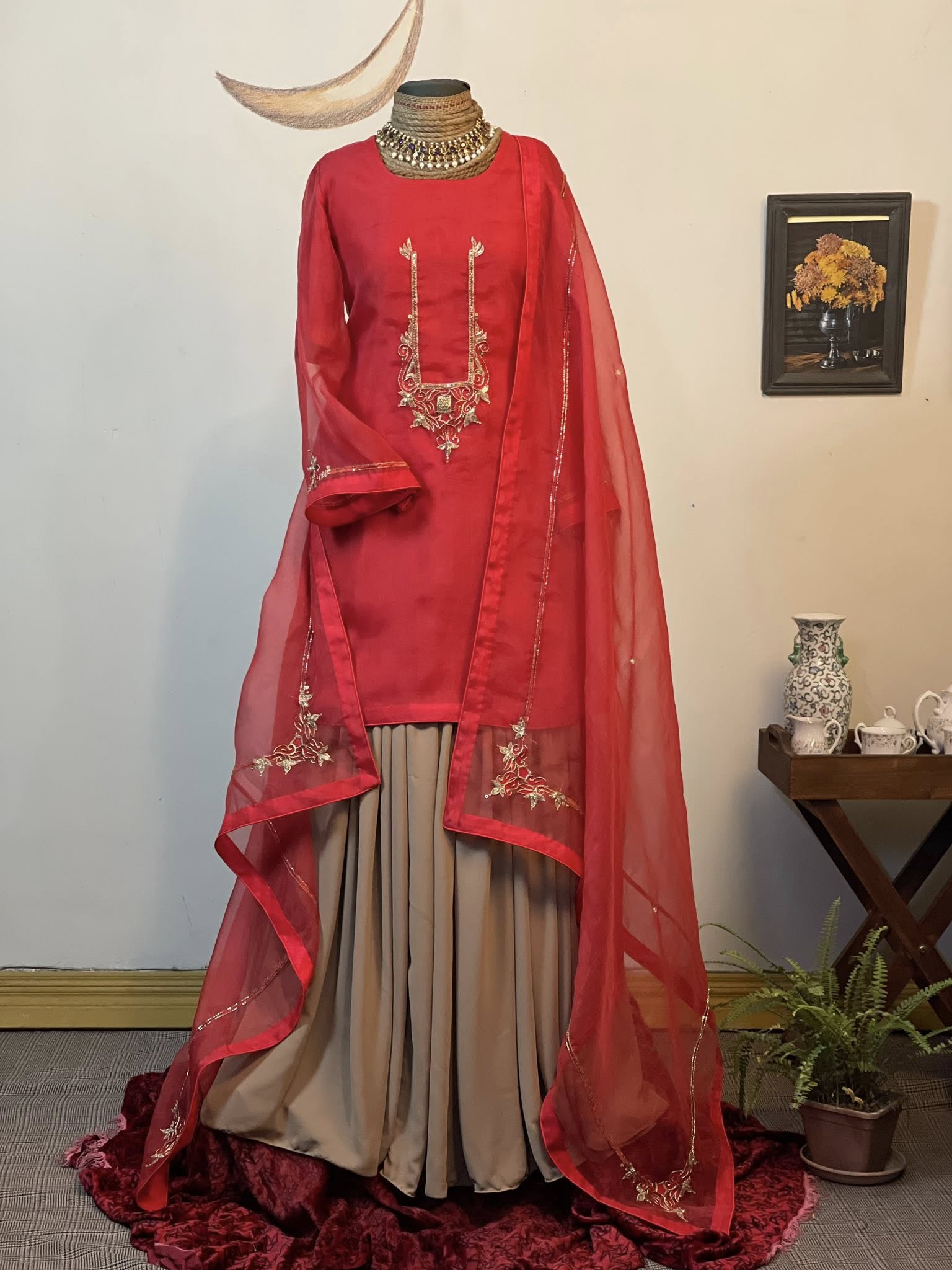 Statement Muslin Kameez (Red)