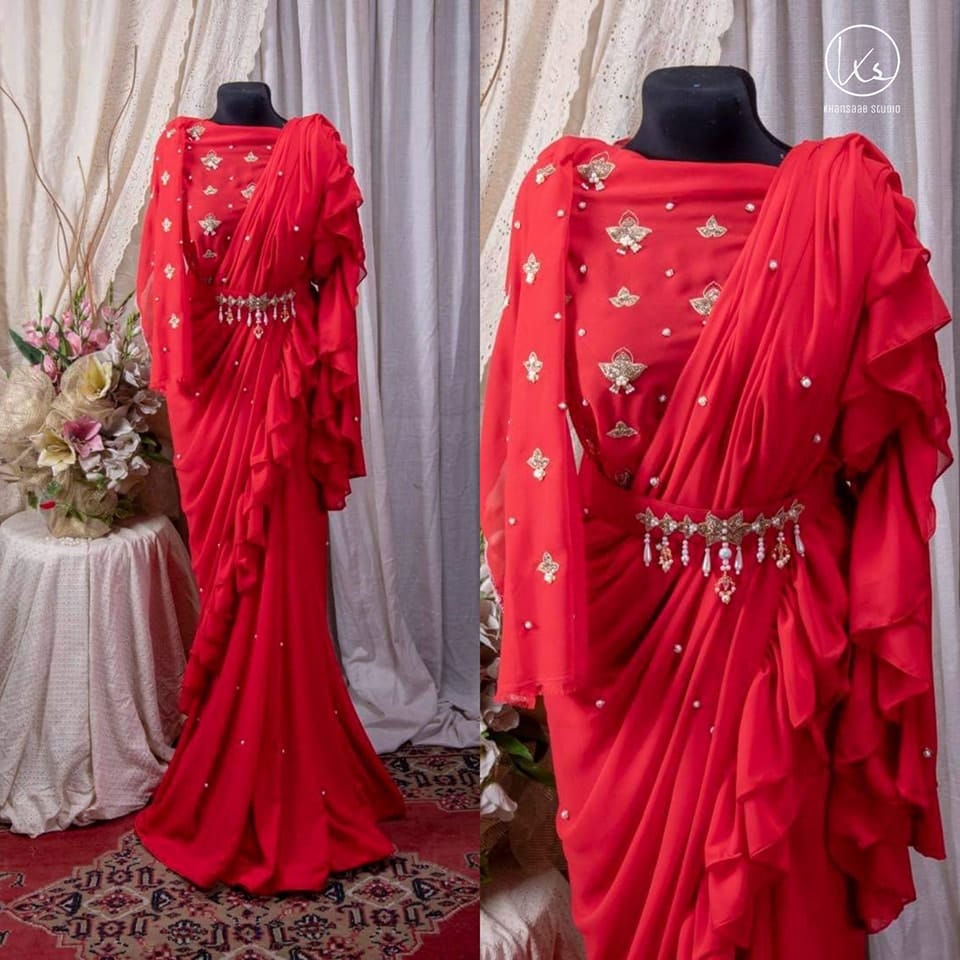 Georgette Saree with Ruffle Frills and Pitta Nakshi Blouse