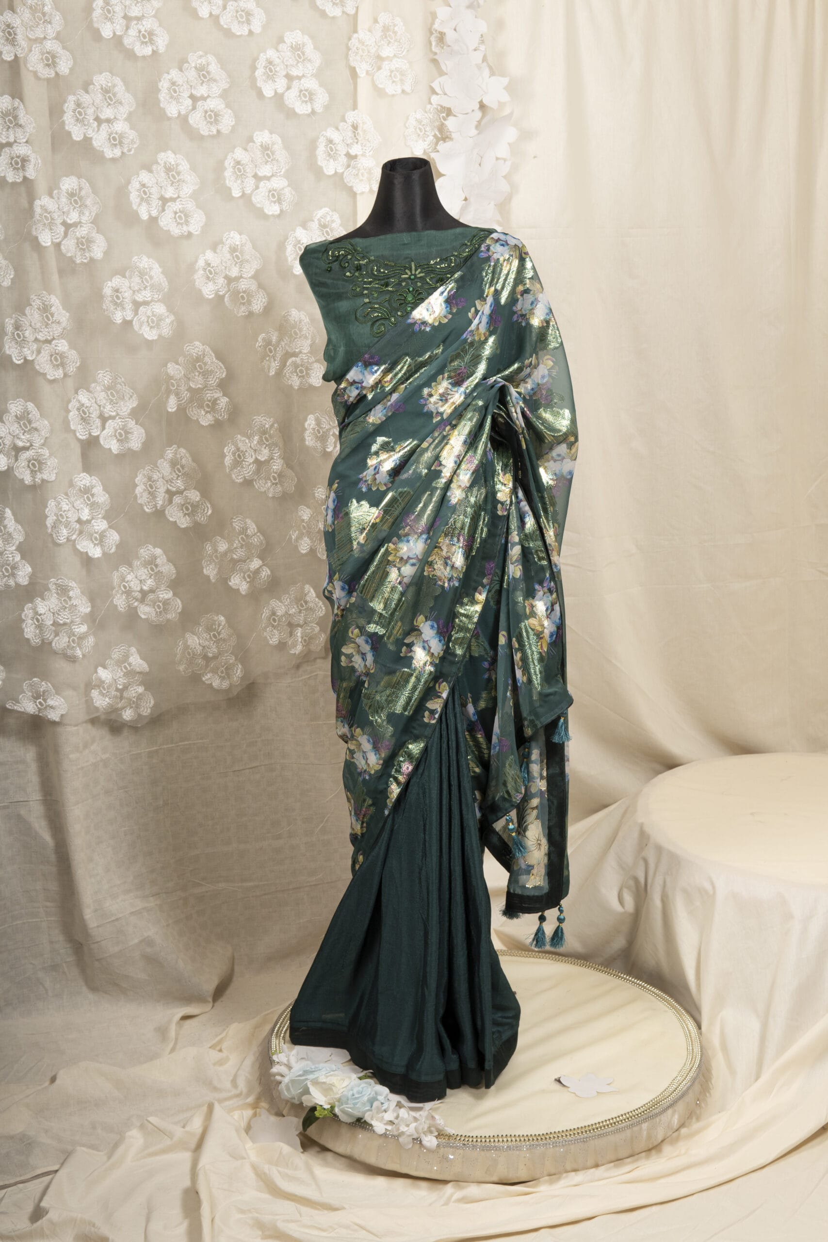 Floral Printed Organza & Chinon Silk Saree
