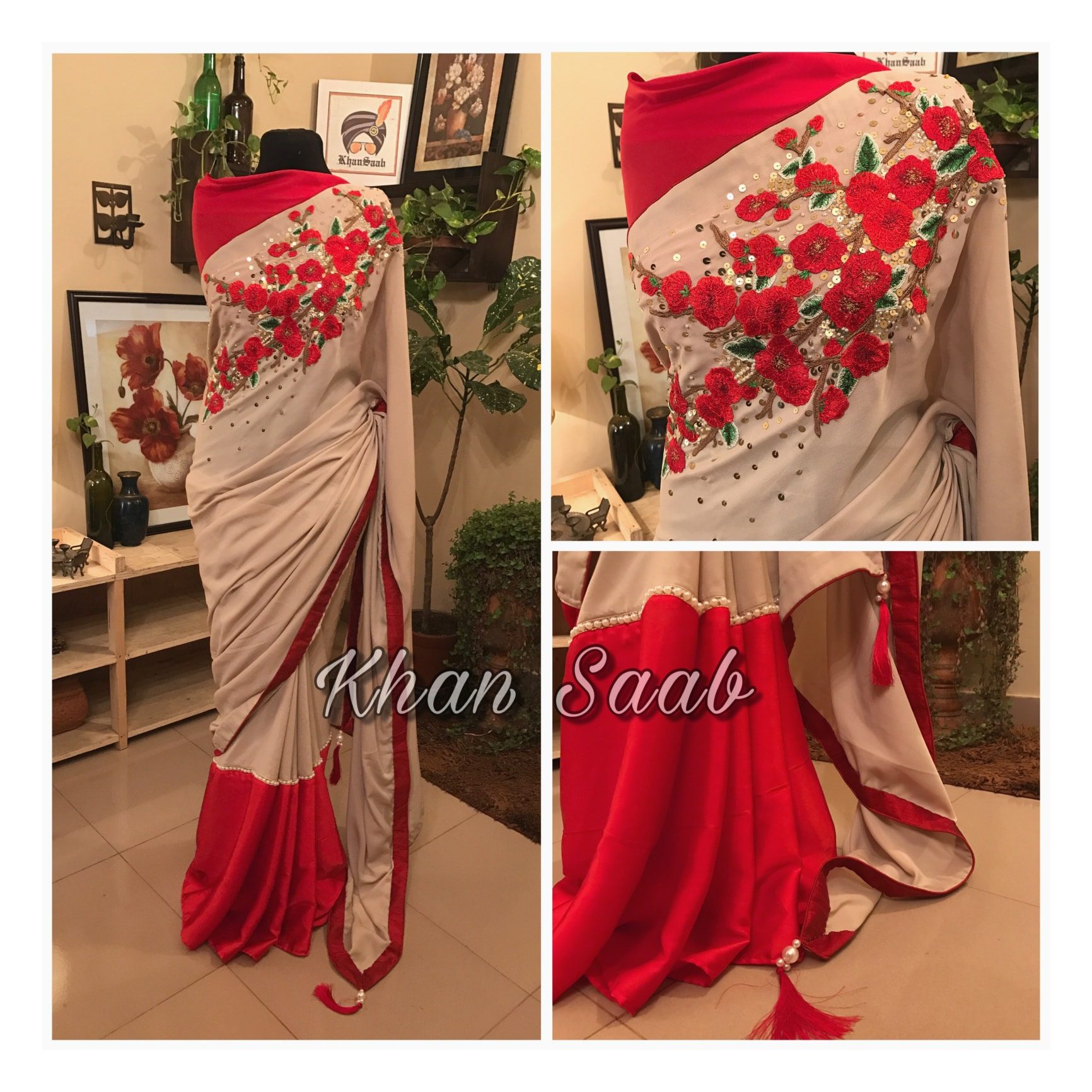 Crepe Georgette Carnation Floral Work Saree with Pearl Sequins