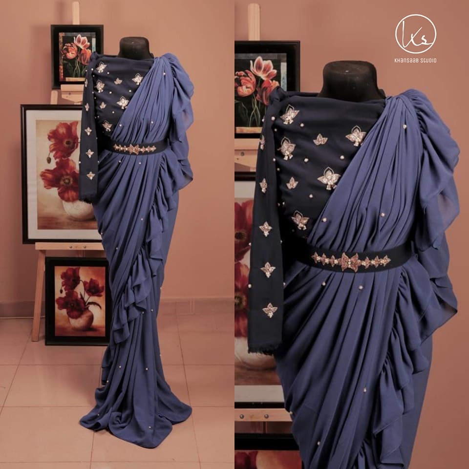 Georgette Saree with Ruffle Frills and Pitta Nakshi Blouse