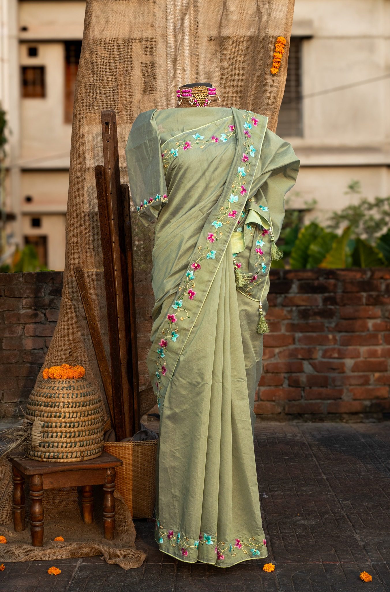 Chunri Kota Embroidered Saree with Slim Sleeve Work