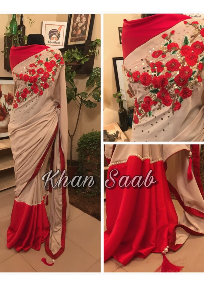 Crepe Georgette Carnation Floral Work Saree with Pearl Sequins