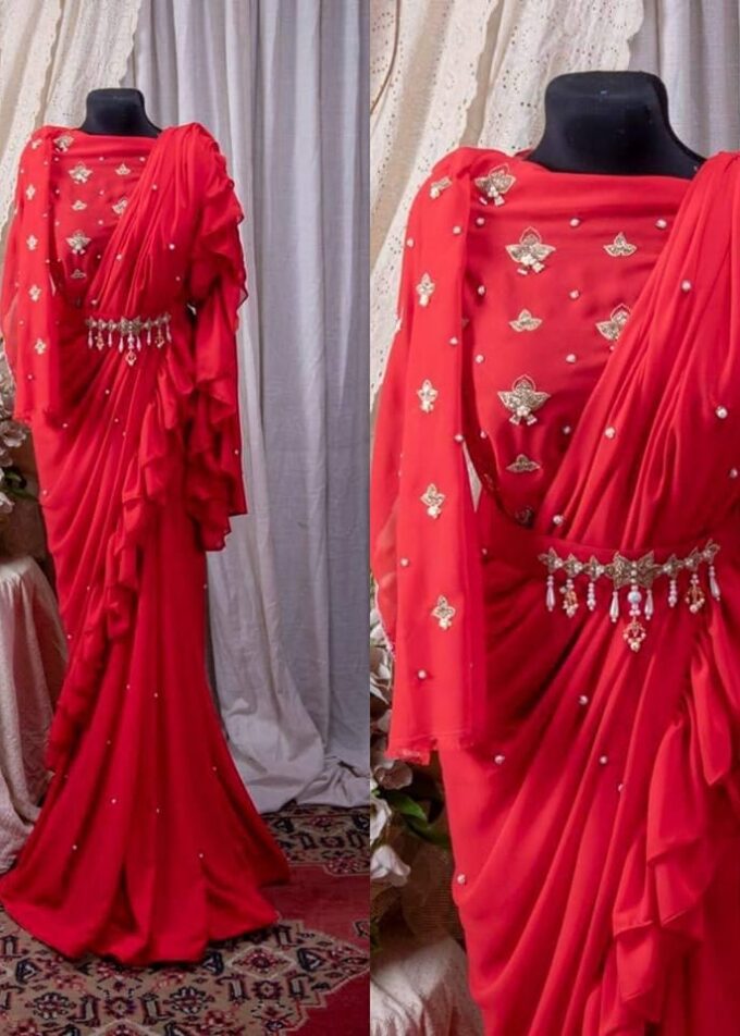 Georgette Saree with Ruffle Frills and Pitta Nakshi Blouse