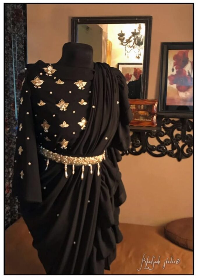 Georgette Saree with Ruffle Frills and Pitta Nakshi Blouse